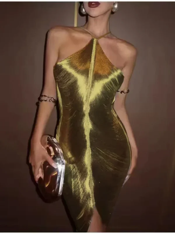 Sexy Hanging Neck Metallic Short Dress