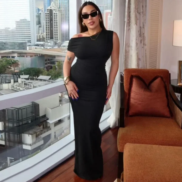 2024 Summer Sexy Tight Waist Raging Shoulder Short Sleeve Solid Color Temperament Long Dress Evening Party 5