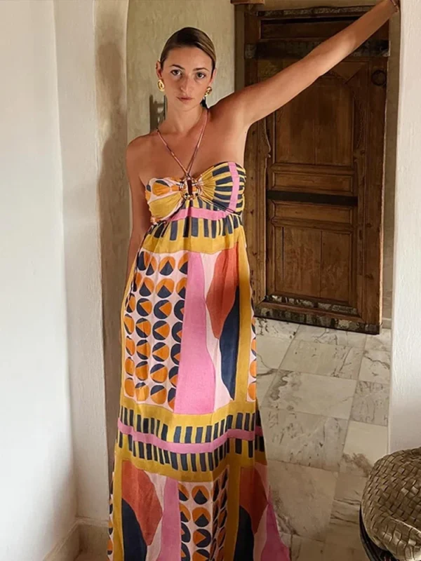 Women Sexy Dresses Sleeveless Backless Tube Top Halter Printed Lady Dress 2024 Summer Holiday Loose Hollow Out Female Long Robe 2