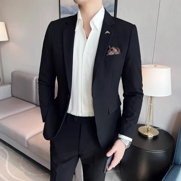 (Jacket + Pants) High End Brand Boutique Solid Color Mens Suit 2
