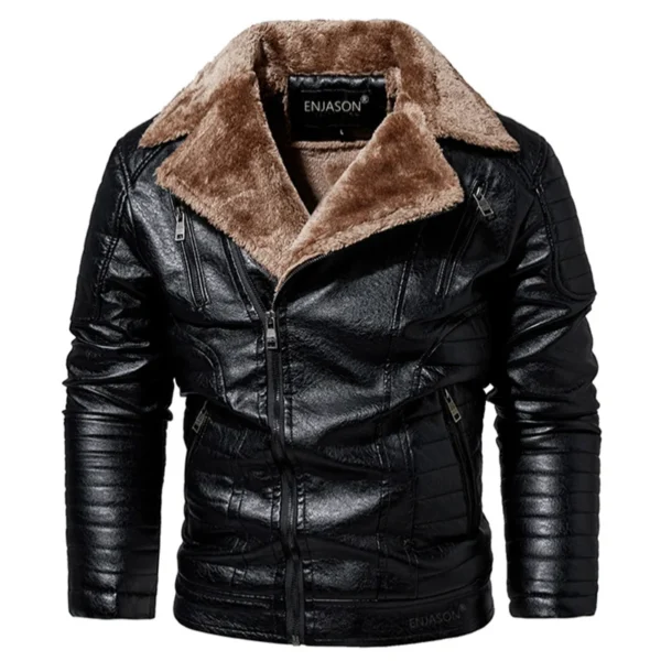 Men Fashion Leather Autumn Motorcycle Slim Fleece Jacket 2