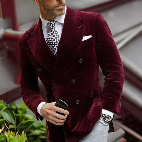 Mens Burgundy Double Breasted Velvet Blazer 3
