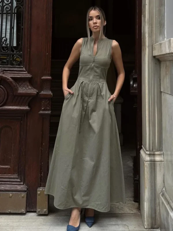 Elegant Solid O-neck Sleeveless Long Dress Women's Fashion High Waist Zipper Dresses 2024 Summer Office Lady Commute Robes 4