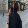 Elegant Solid O-neck Sleeveless Long Dress Women's Fashion High Waist Zipper Dresses 2024 Summer Office Lady Commute Robes 5