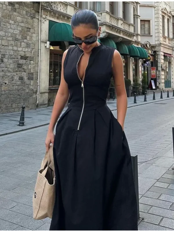 Elegant Solid O-neck Sleeveless Long Dress Women's Fashion High Waist Zipper Dresses 2024 Summer Office Lady Commute Robes 5