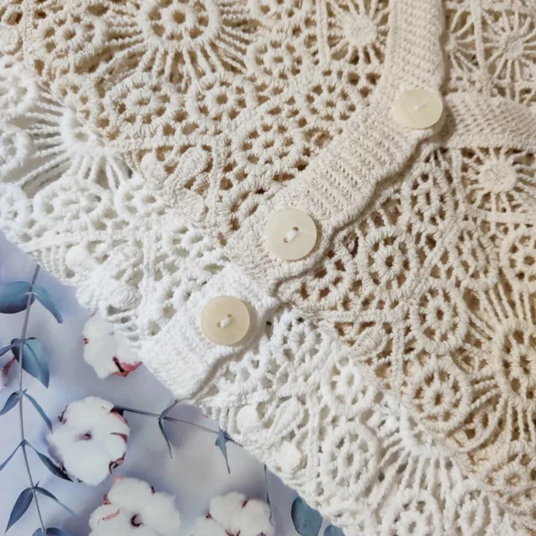 Crochet Top Button Front V-Neck Short Sleeve 6