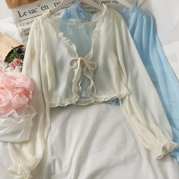 Women Thin Casual Lace Bow Summer Shirt 4