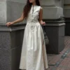 Elegant Solid O-neck Sleeveless Long Dress Women's Fashion High Waist Zipper Dresses 2024 Summer Office Lady Commute Robes 2