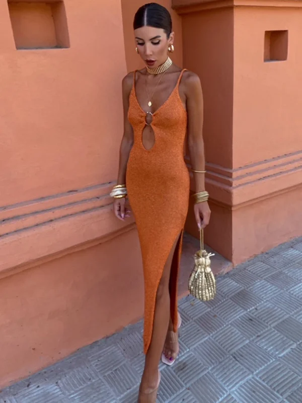Metal Ring Link Hollow Out Long Dress 3