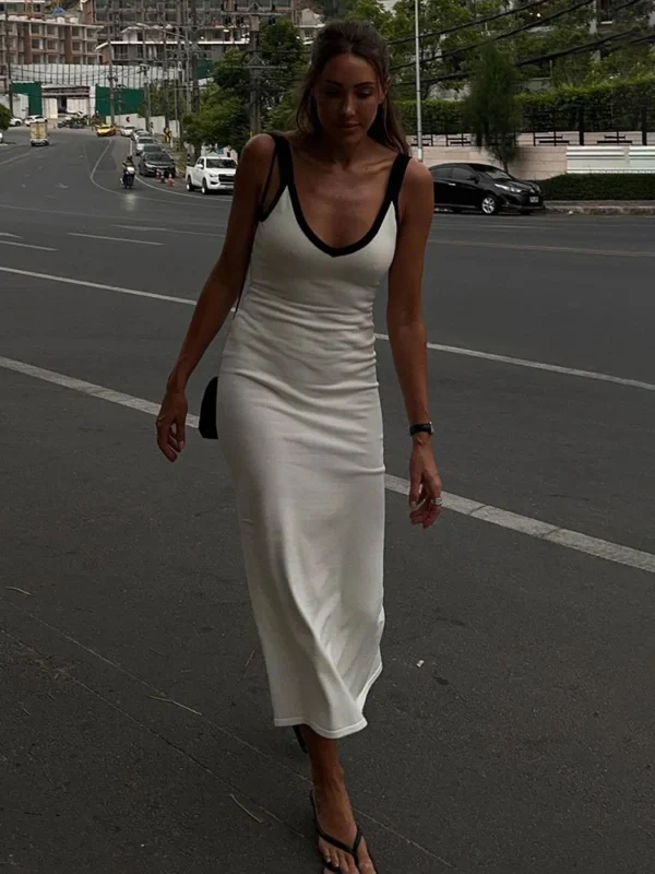 Tossy Knit Suspender Split Long Dress Women Sleeveless Block Color Beach Vacation Sexy V-Neck Elegant Knitwear Bodycon Dress New 5