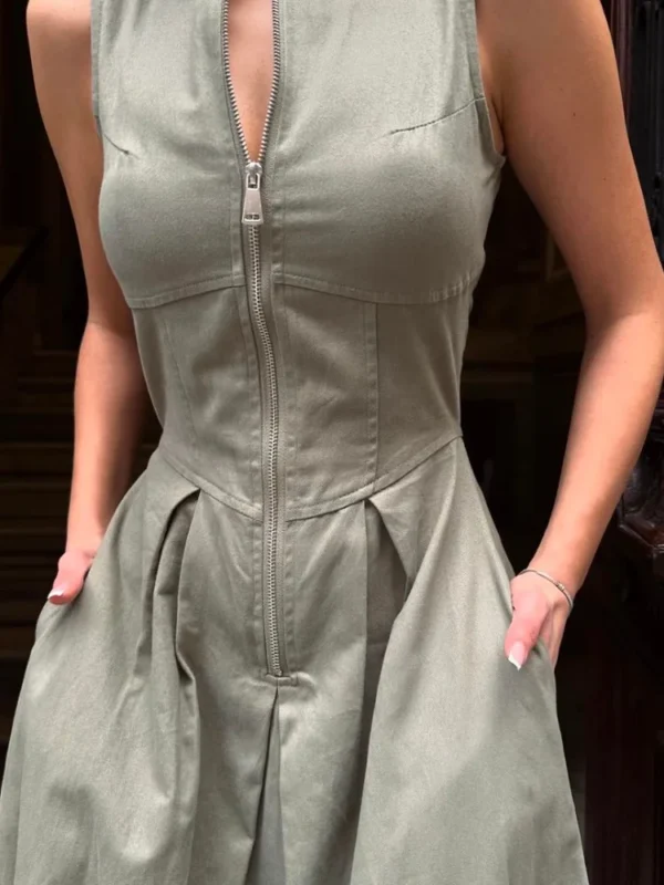 Elegant Solid O-neck Sleeveless Long Dress Women's Fashion High Waist Zipper Dresses 2024 Summer Office Lady Commute Robes 6