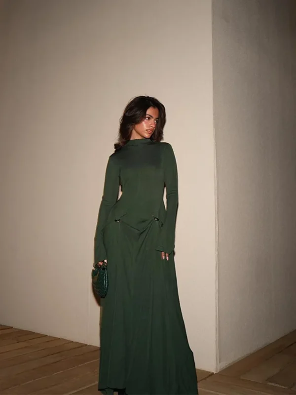 2024 Irregular Pleated Solid Slim Maxi Dress Women Elegant Half High Collar Long Sleeved long Dresses Female Party Evening Robes 5