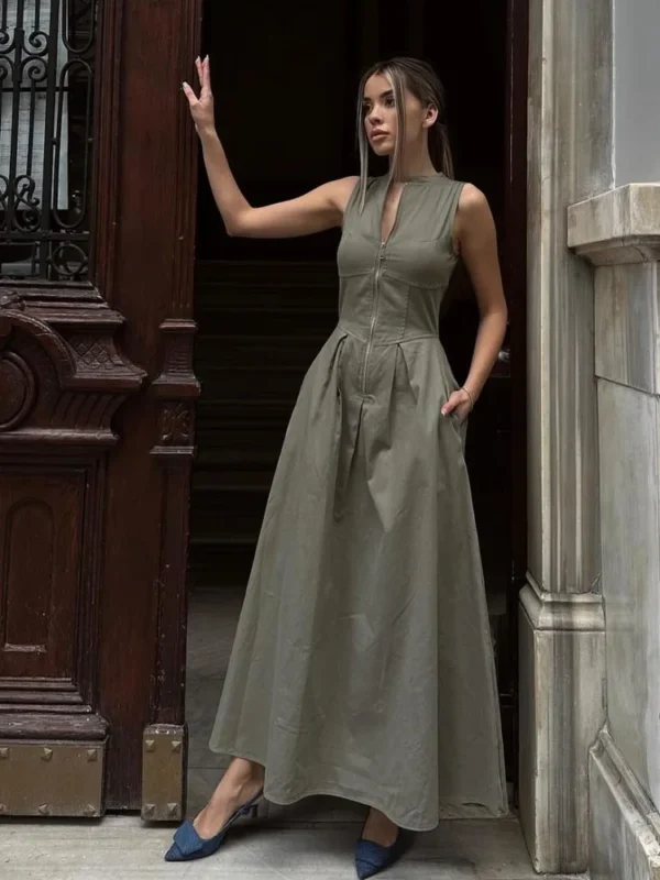 Elegant Solid O-neck Sleeveless Long Dress Women's Fashion High Waist Zipper Dresses 2024 Summer Office Lady Commute Robes 3