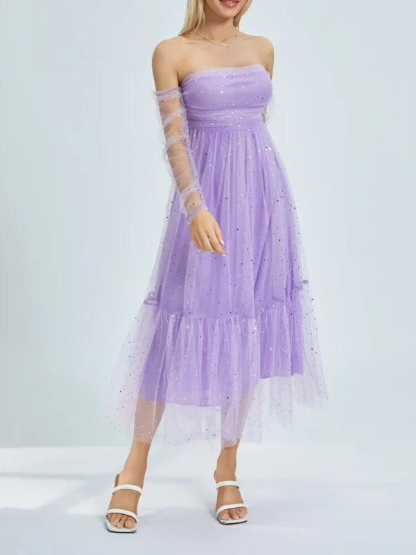 Women s Long Evening Gown Sequins Boat Neck Off Shoulder Long Sleeve Cocktail Dress Mesh Backless Party A-line Dress 4